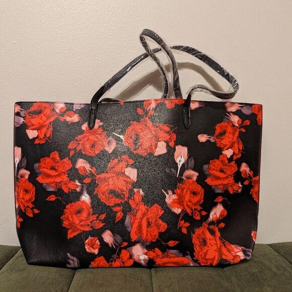NWOT Victoria’s Secret Black Floral Barbiecore Rose Pattern Large Tote Bag - Picture 3 of 13